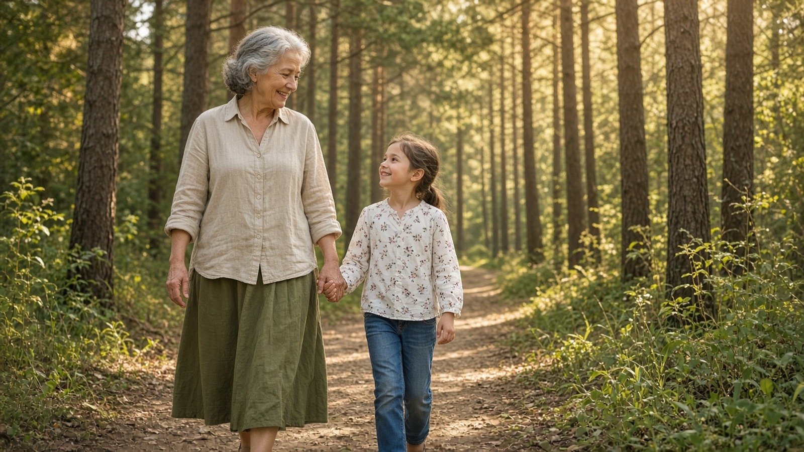 Grandmother and granddaughter walking hand in hand on a sunlit forest path