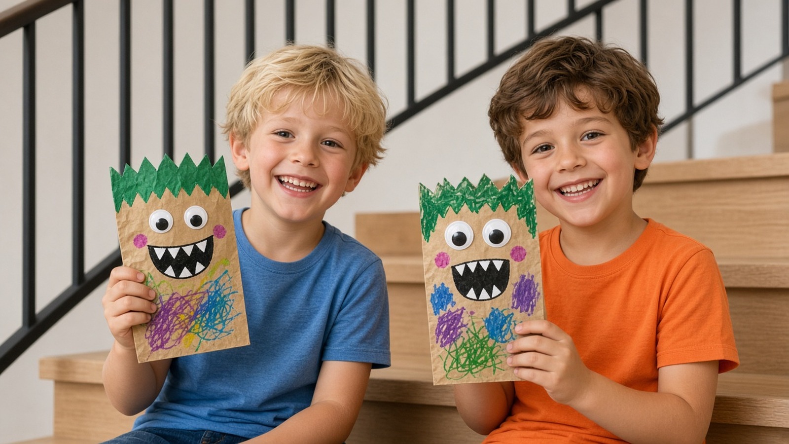 Two smiling boys on indoor stairs holding handmade brown paper bag puppets